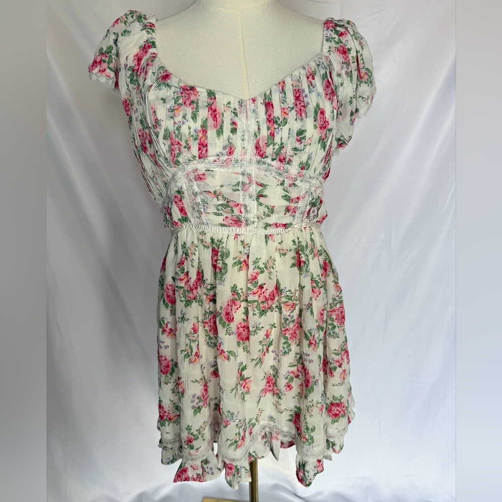 Altar’d State Bella Floral Ruffle Mini Dress White/Pink Size Medium - Picture 2 of 12